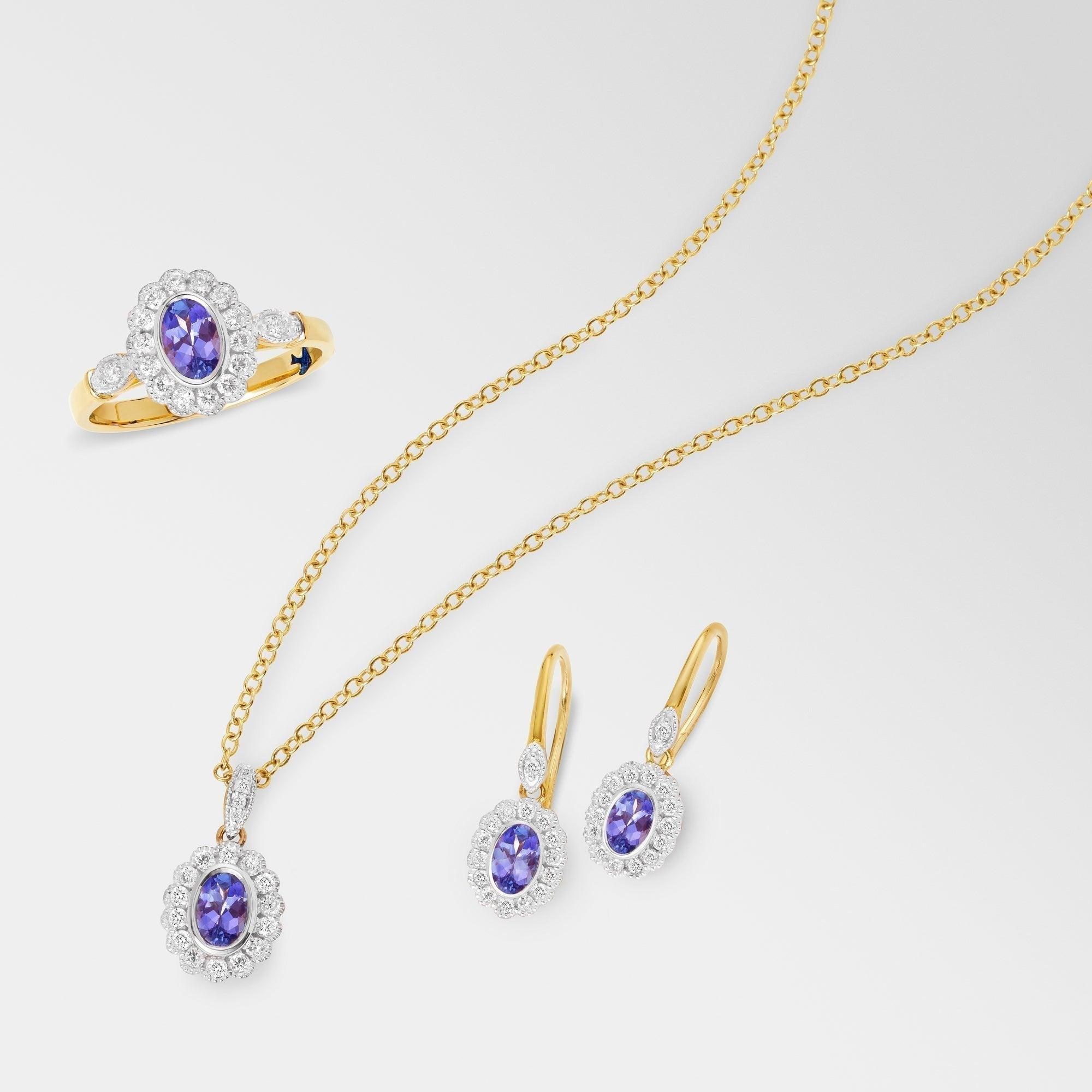 Bluebird™ Tanzanite & 0.22ct TW Diamond Halo Pendant in 9ct Yellow & White Gold