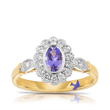 Bluebird™ Tanzanite & 0.25ct TW Diamond Halo Ring in 9ct Yellow and White Gold
