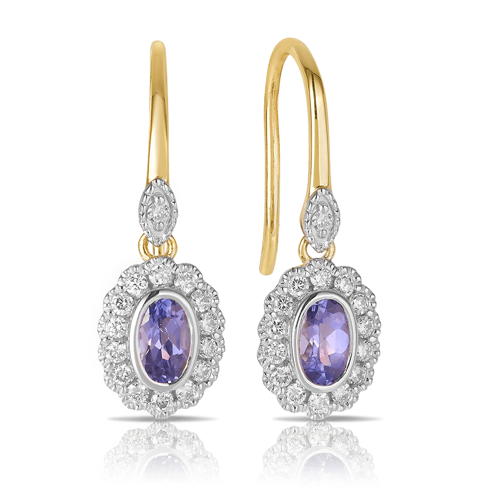 Bluebird™ Tanzanite & 0.27ct TW Diamond Halo Drop Earrings in 9ct Yellow and White Gold