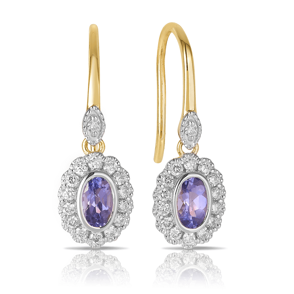 Bluebird™ Tanzanite & 0.27ct TW Diamond Halo Drop Earrings in 9ct Yellow & White Gold - Wallace Bishop