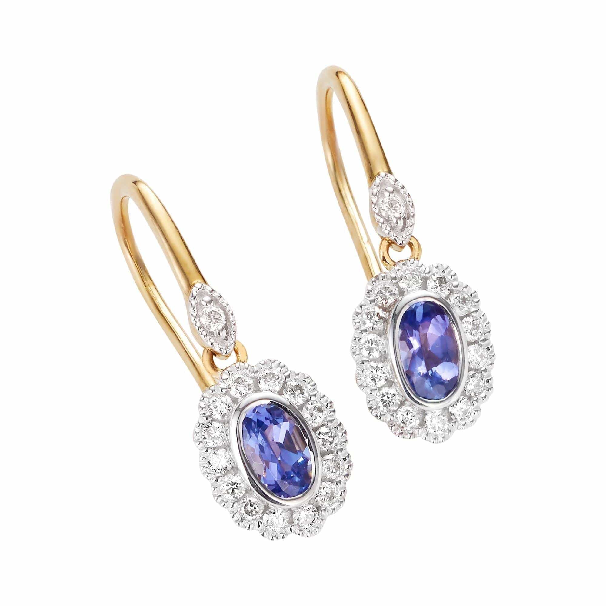 Bluebird™ Tanzanite & 0.27ct TW Diamond Halo Drop Earrings in 9ct Yellow and White Gold