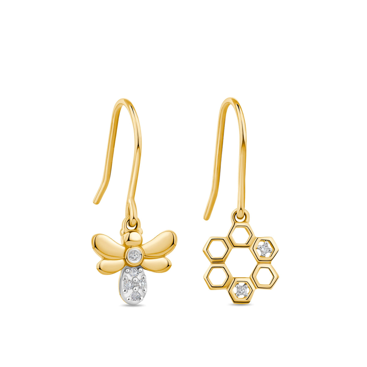 Bumble Bee & Honeycomb Diamond Drop Earrings in 9ct Yellow Gold TDW 0.030ct - Wallace Bishop