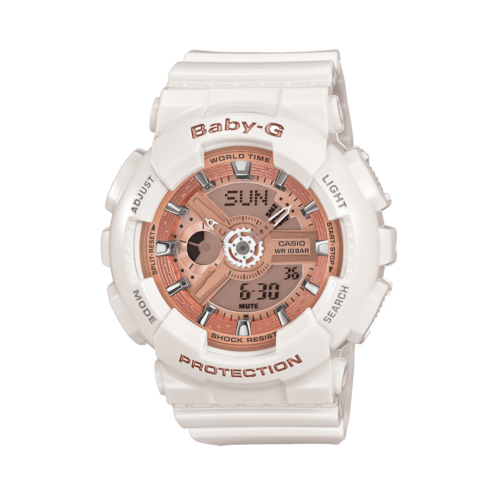 Casio BABY-G BA110-7A1 analogue digital watch with white resin band, rose gold metallic dial, and shock-resistant oversized design.