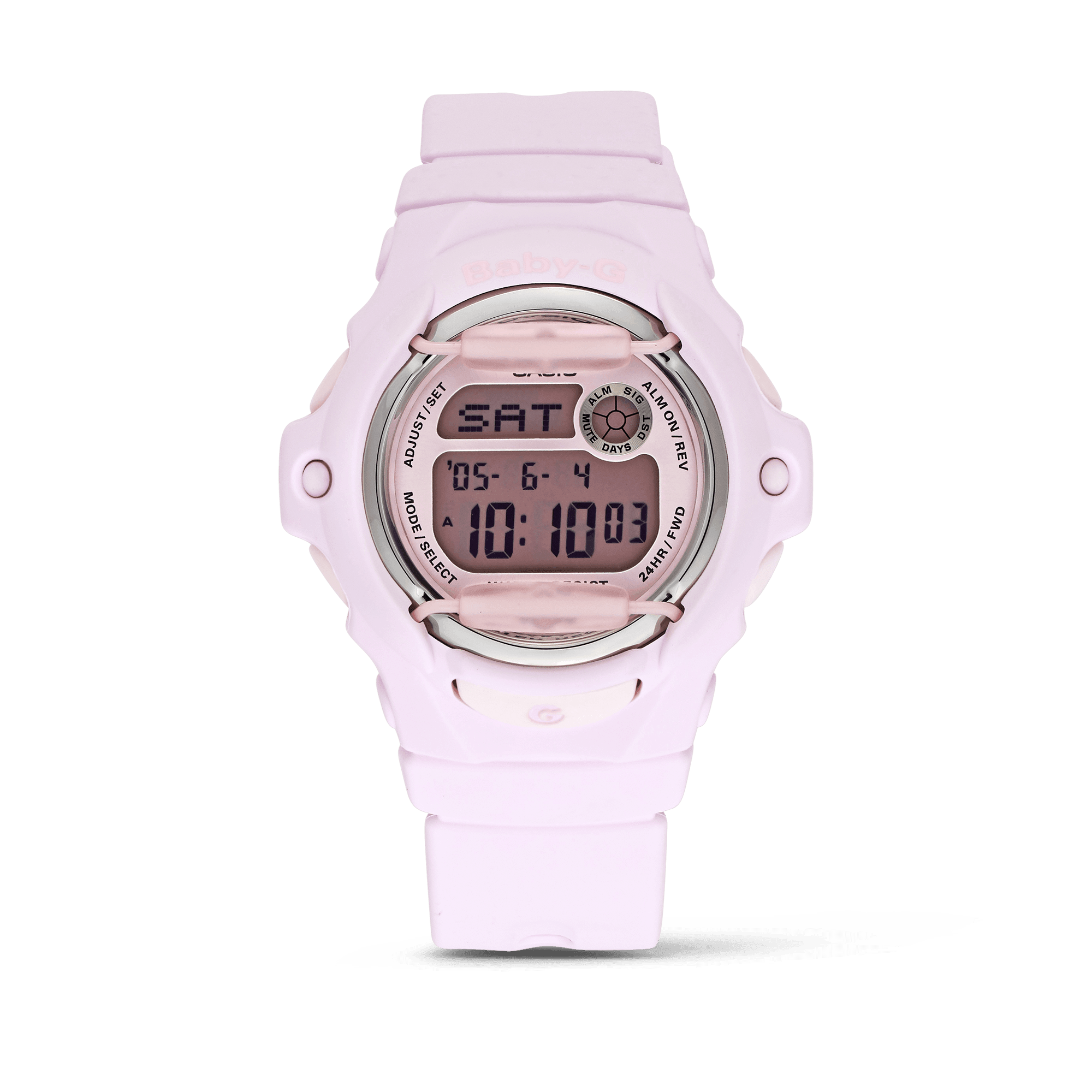 Casio BABY-G BG169M-4D digital watch with pink resin band, compact round case, and shock-resistant sporty design.
