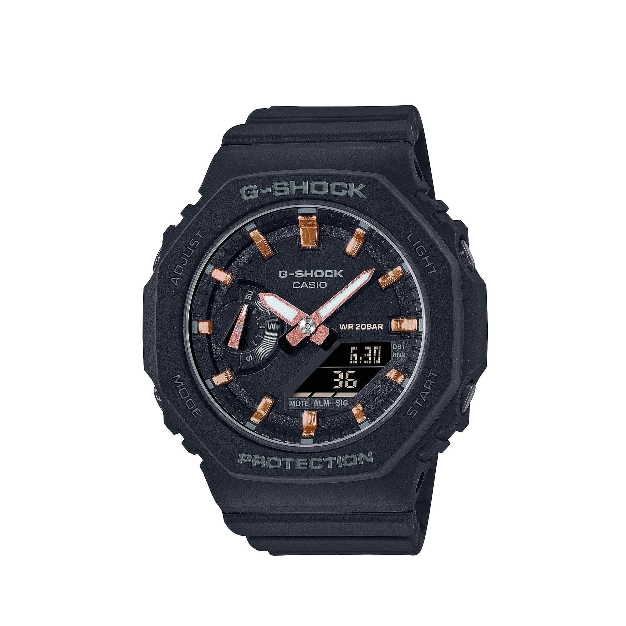 Casio G-SHOCK GMA-S2100-1A analogue digital watch with black resin band, octagonal bezel, and slim shock-resistant design.