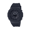 Casio G-Shock GA-2100-1A1 watch front view, featuring a 45.4mm all-black octagonal resin case with Carbon Core Guard construction, clean monochromatic analogue-digital dial with Arabic numeral indices, inverted LCD display, and distinctive integrated band design.