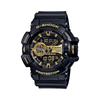 Casio G-SHOCK GA400GB-1A9 analogue digital watch with black resin band, black and gold dial, and oversized shock-resistant design.