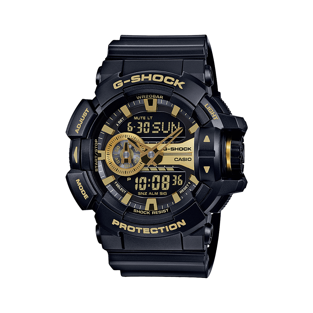 Casio G-SHOCK GA400GB-1A9 analogue digital watch with black resin band, black and gold dial, and oversized shock-resistant design.
