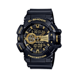 Casio G-SHOCK GA400GB-1A9 analogue digital watch with black resin band, black and gold dial, and oversized shock-resistant design.