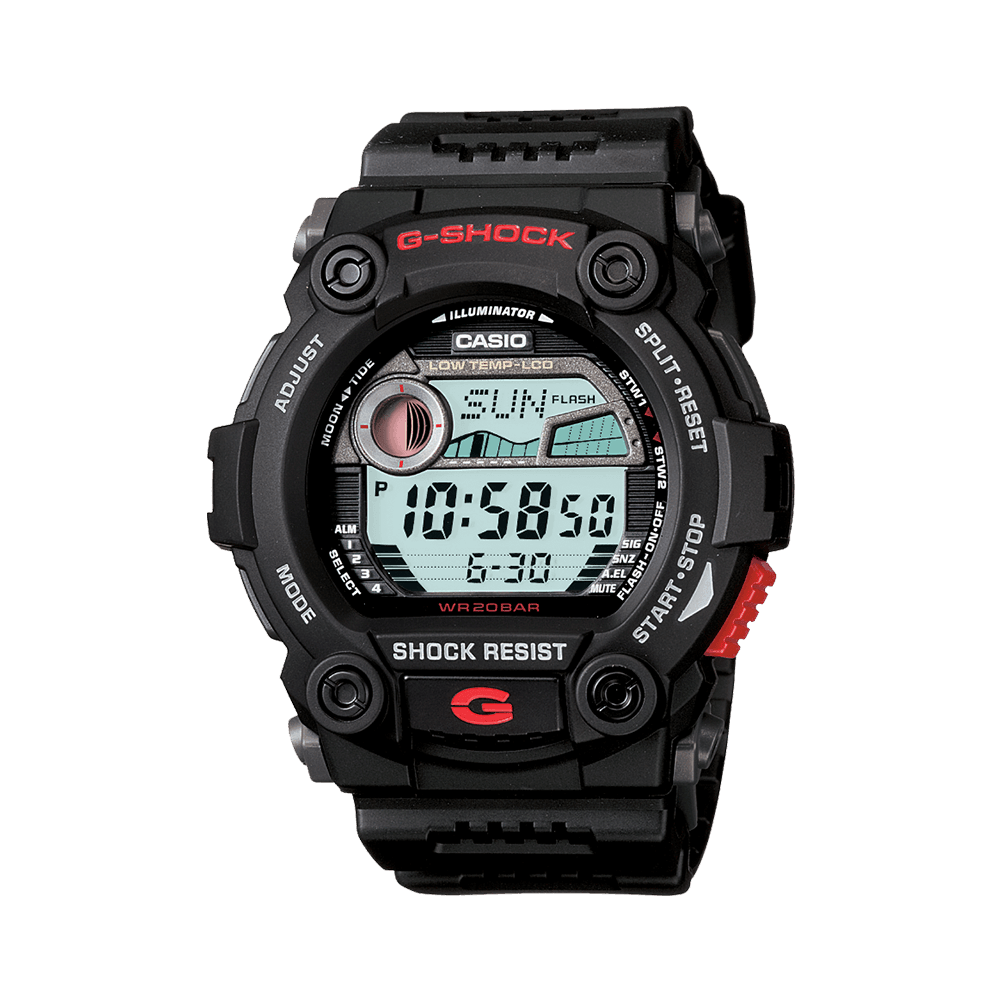 Casio G-SHOCK G7900-1 digital watch with black resin band, tide graph display, moon data, and shock-resistant design.