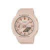 Casio G-Shock GMAS2100-4A watch front view, featuring a 46.2mm blush pink octagonal Carbon Core Guard resin case with a flat dial, rose gold-toned mirror bar indices, analogue hands with Neobrite lume, day sub-dial at 9 o'clock, and lower digital LCD display window.