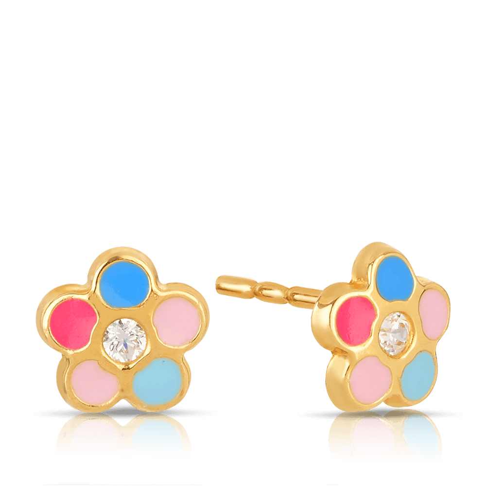 Children's Cubic Zirconia Flower Shape Coloured Enamel Stud Earrings in 9ct Yellow Gold - Wallace Bishop