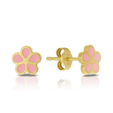 Children's Pink Flower Stud Earrings in 9ct Yellow Gold and Enamel