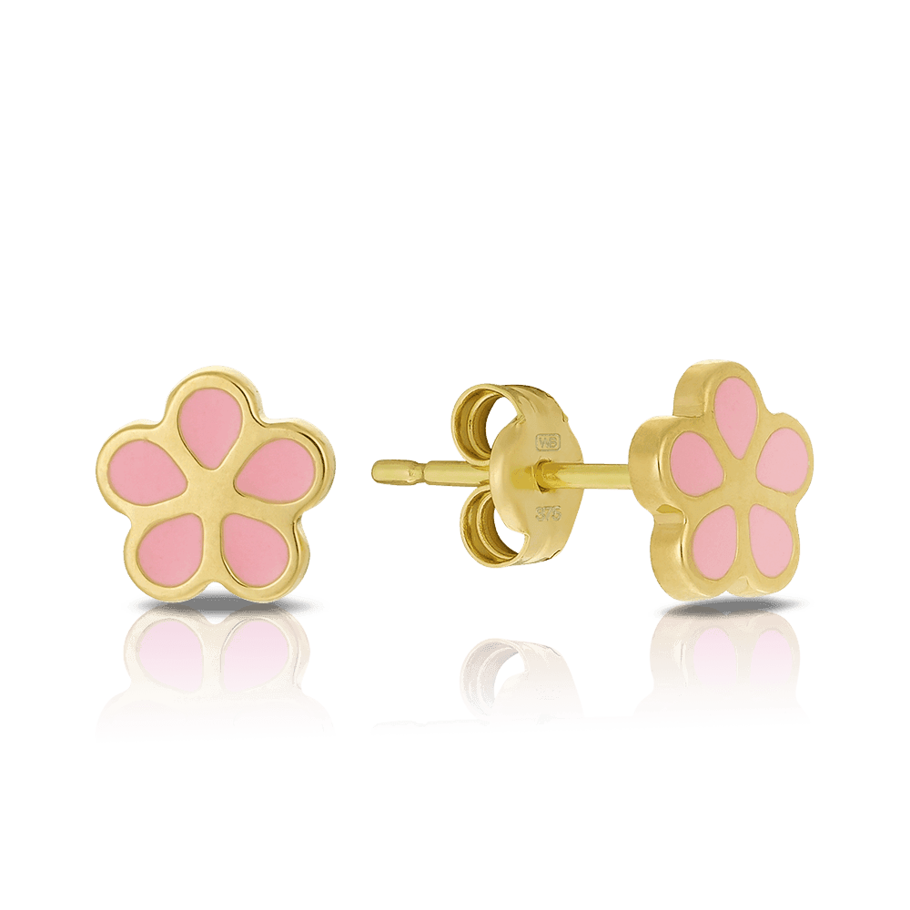 Children's Pink Flower Stud Earrings in 9ct Yellow Gold and Enamel - Wallace Bishop