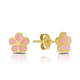Children's Pink Flower Stud Earrings in 9ct Yellow Gold and Enamel - Wallace Bishop