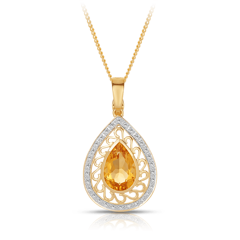 Citrine & Diamond Pear Pendant in 9ct Yellow Gold