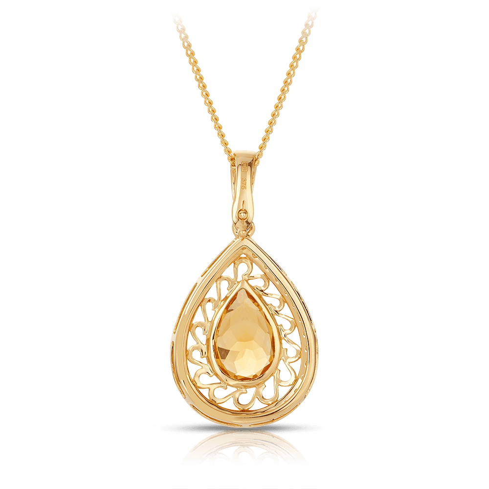 Citrine & Diamond Pear Pendant in 9ct Yellow Gold