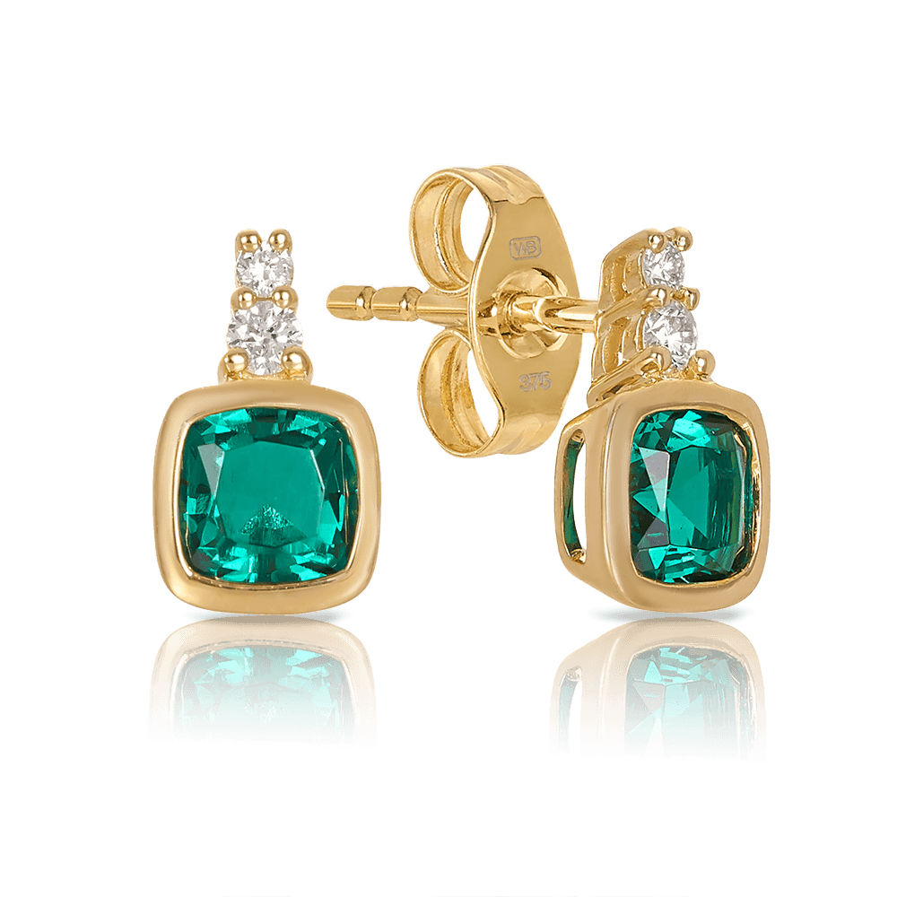 Created Emerald & Diamond Cushion Stud Earrings in 9ct Yellow Gold