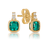 Created Emerald & Diamond Cushion Stud Earrings in 9ct Yellow Gold