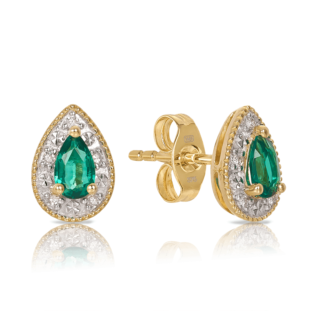 Created Emerald & Diamond Halo Stud Earrings in 9ct Yellow Gold