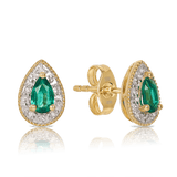 Created Emerald & Diamond Halo Stud Earrings in 9ct Yellow Gold