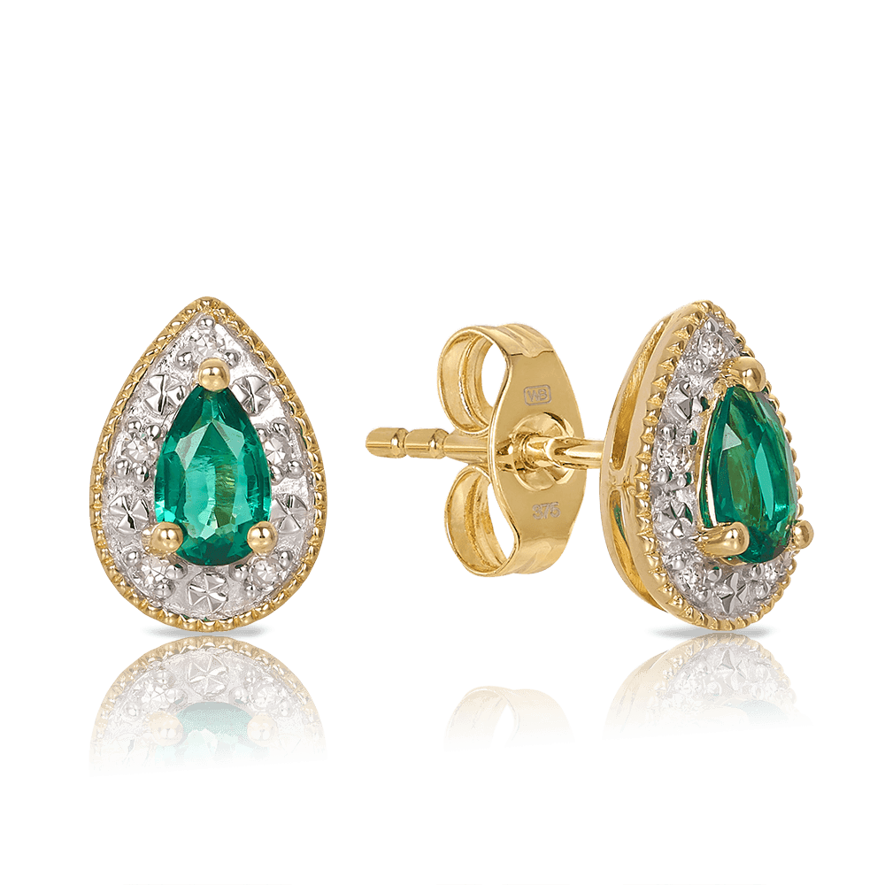 Created Emerald & Diamond Halo Stud Earrings in 9ct Yellow Gold - Wallace Bishop