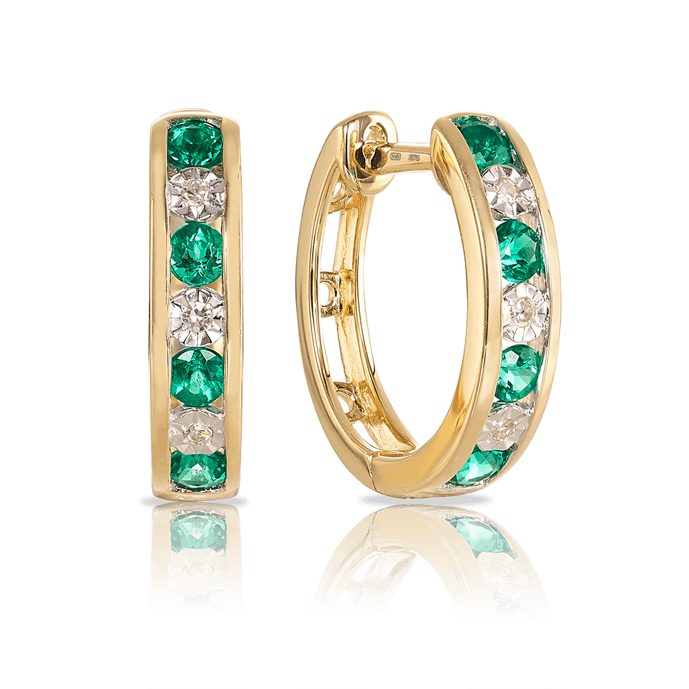 Created Emerald & Diamond Hoop Earrings in 9ct Yellow Gold