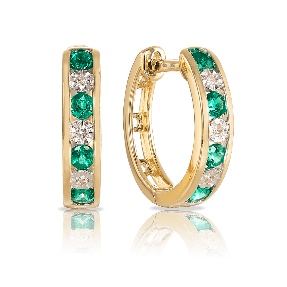 Created Emerald & Diamond Hoop Earrings in 9ct Yellow Gold - Wallace Bishop