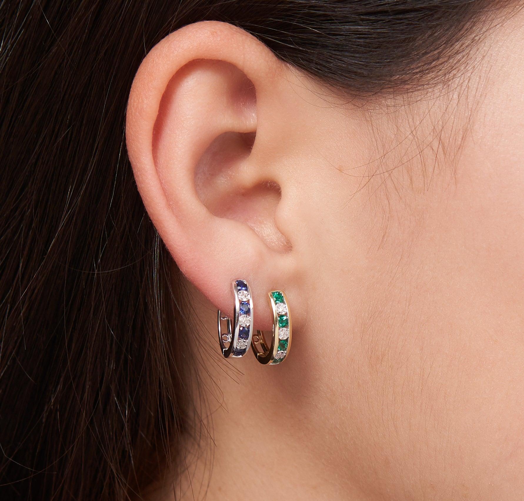 Created Emerald & Diamond Hoop Earrings in 9ct Yellow Gold