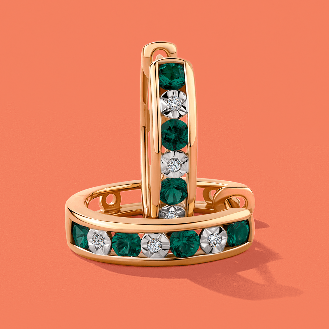 Created Emerald & Diamond Hoop Earrings in 9ct Yellow Gold - Wallace Bishop