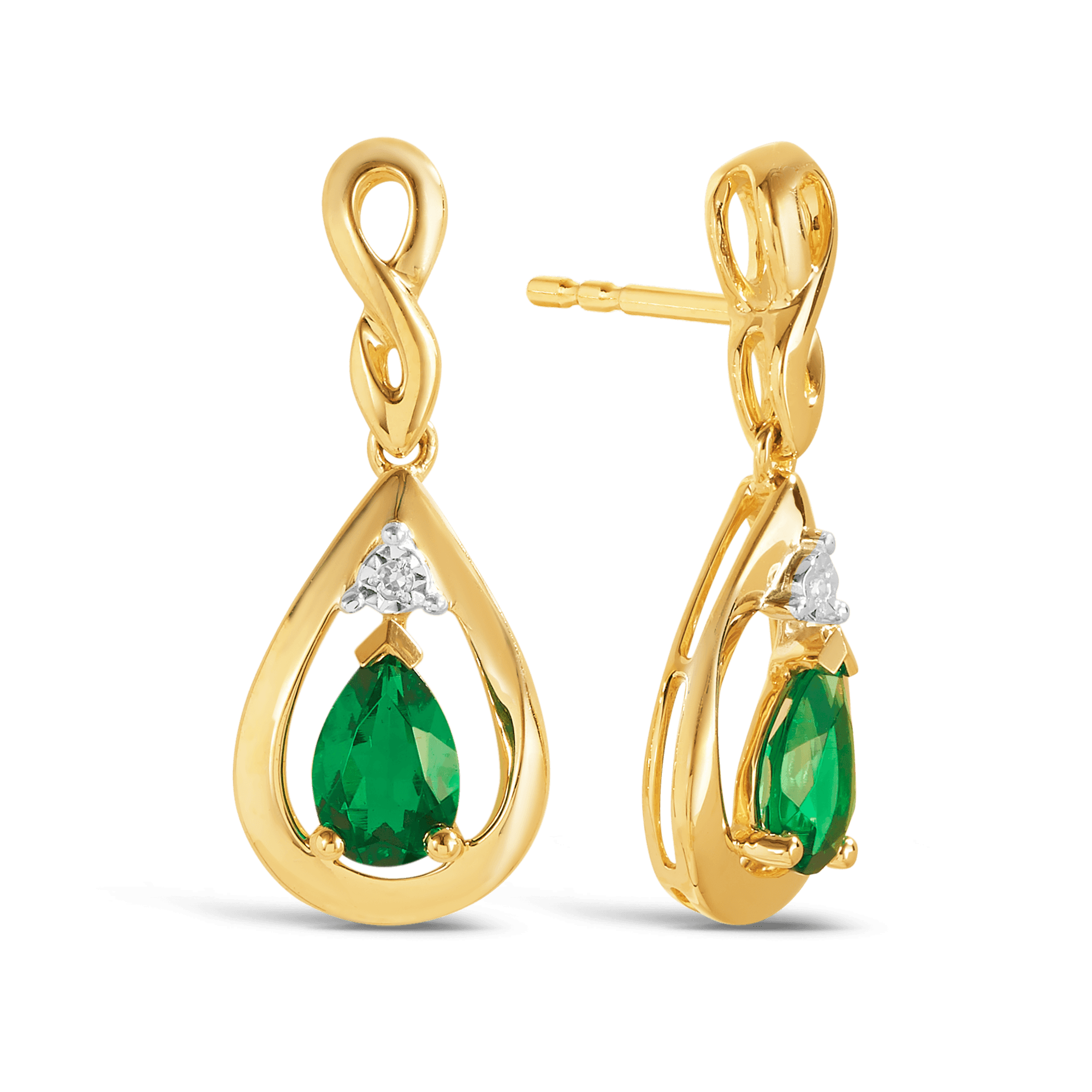 Emerald & Diamond Twist Pear Shape Drop Earrings in 9ct Yellow Gold