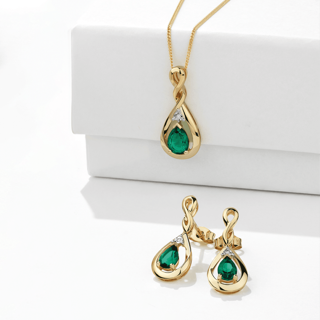 Emerald & Diamond Twist Pear Shape Pendant in 9ct Yellow Gold