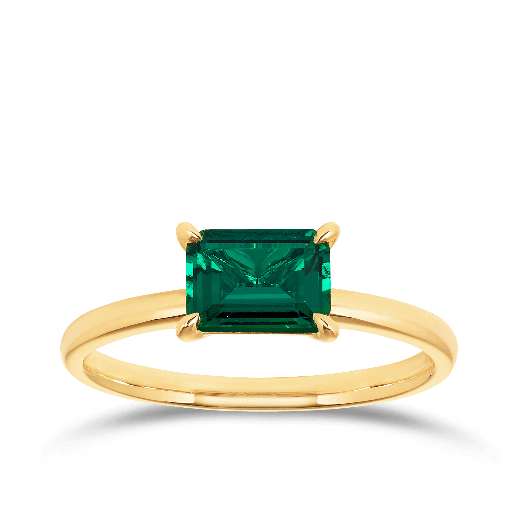 Created Emerald Rectangular Claw Set Ring in 9ct Yellow Gold