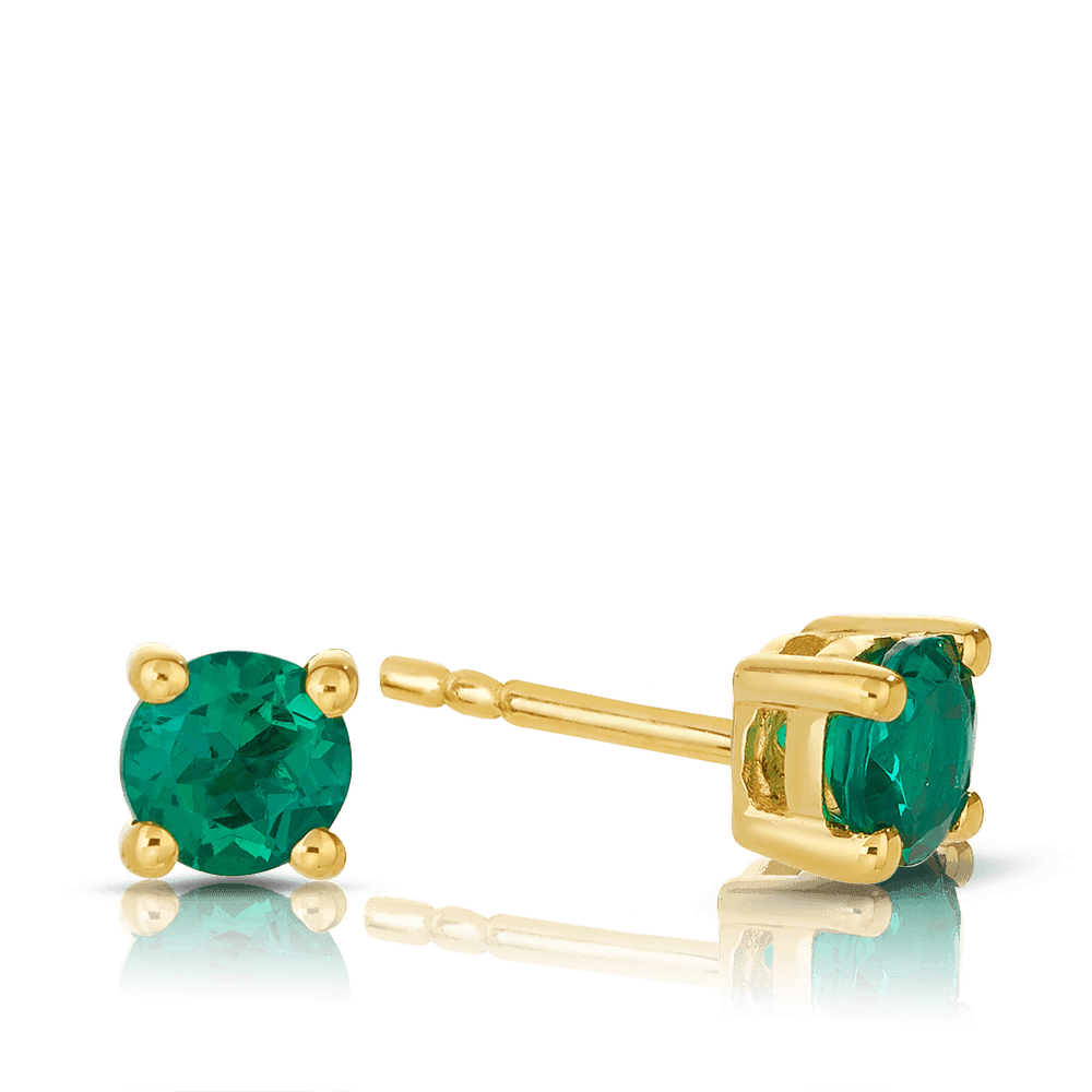 Created Emerald Round Stud Earrings in 9ct Yellow Gold