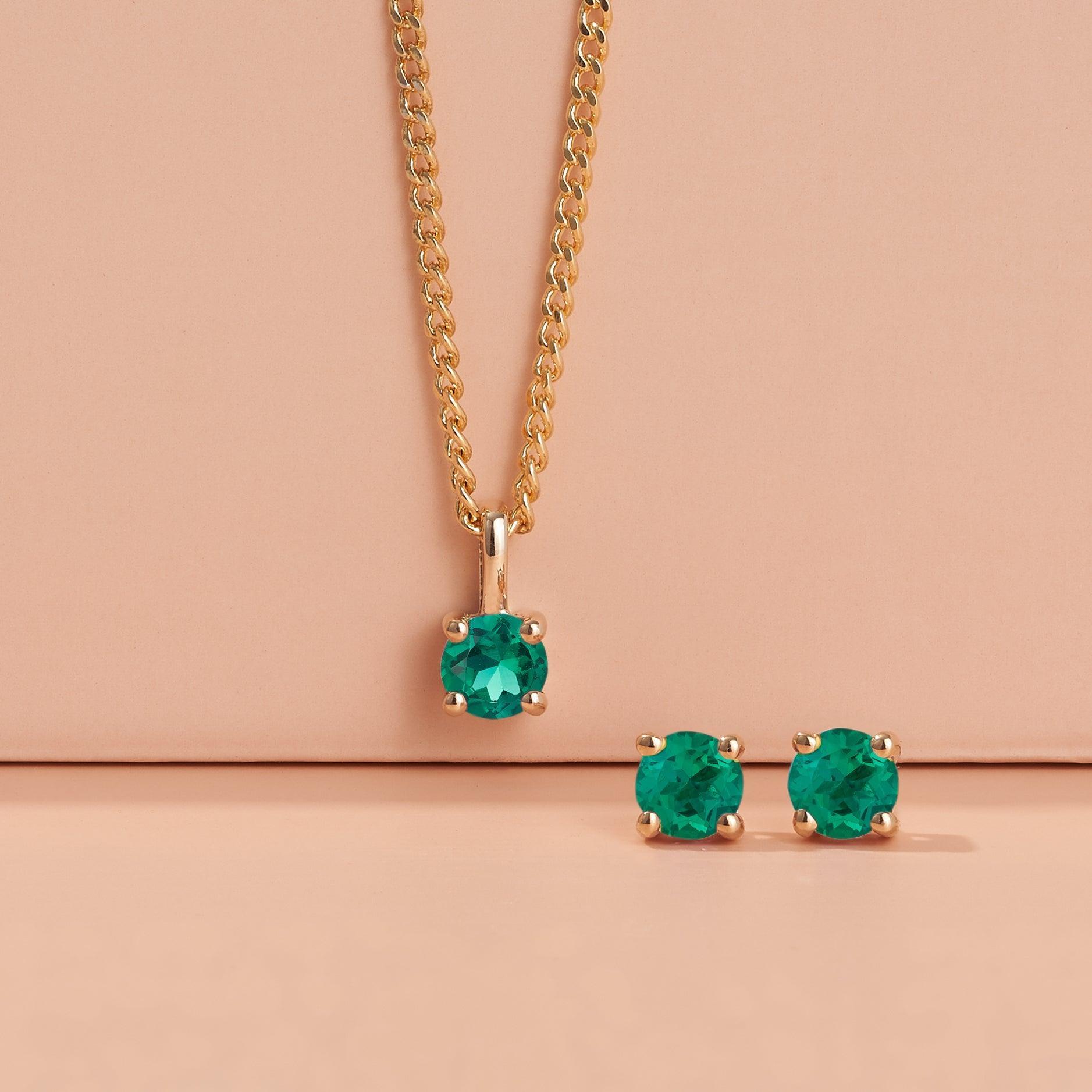 Created Emerald Round Stud Earrings in 9ct Yellow Gold