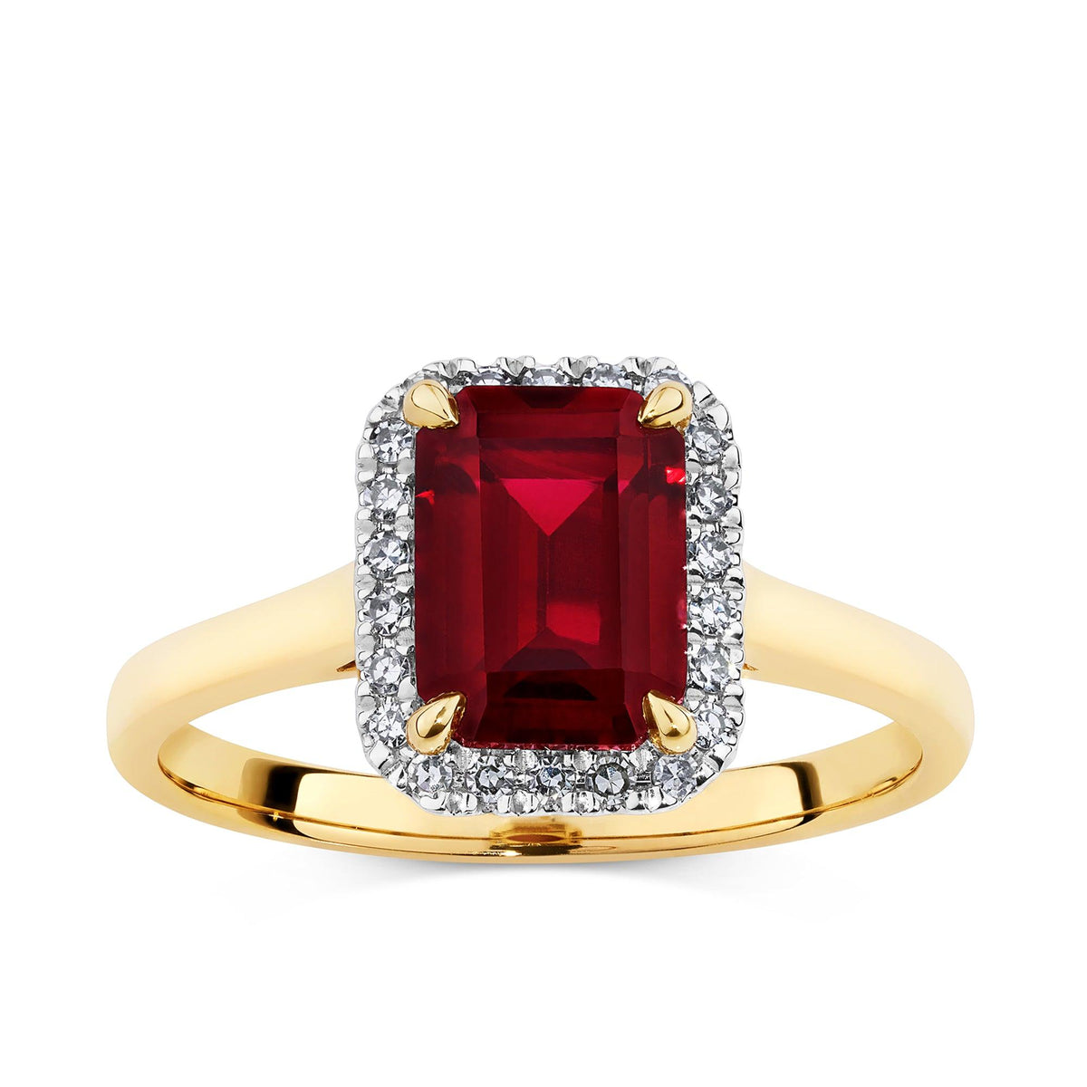 Created Ruby & 0.11ct TW Diamond Halo Ring in 9ct Yellow Gold - Wallace Bishop