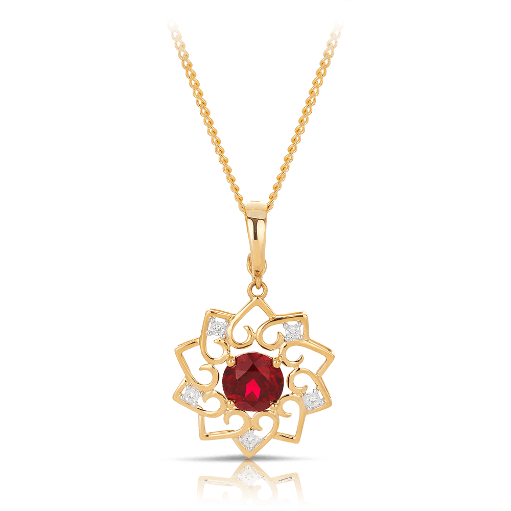 Created Ruby & Diamond Flower Pendant in 9ct Yellow Gold