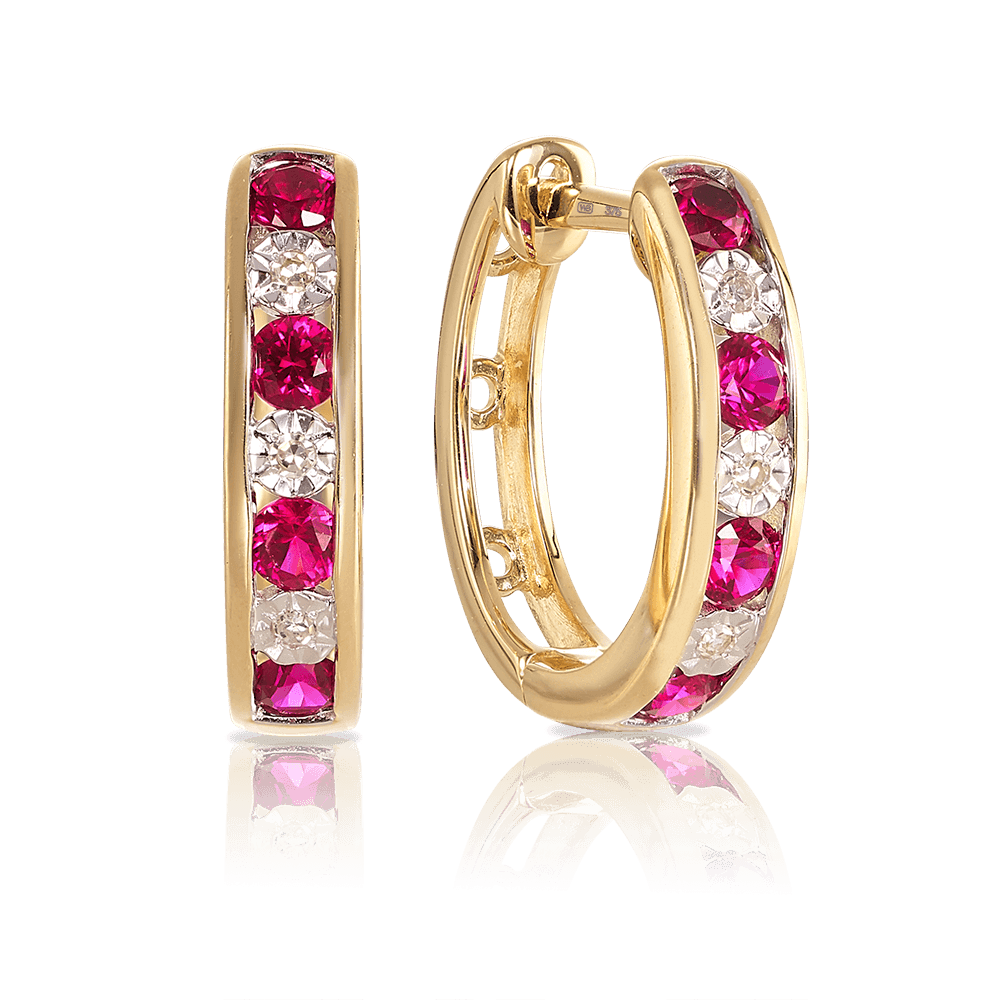 Created Ruby & Diamond Hoop Earrings in 9ct Yellow Gold