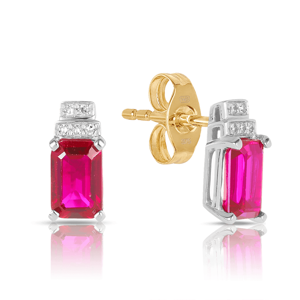 Created Ruby & Diamond Stud Earrings in 9ct Yellow & White Gold