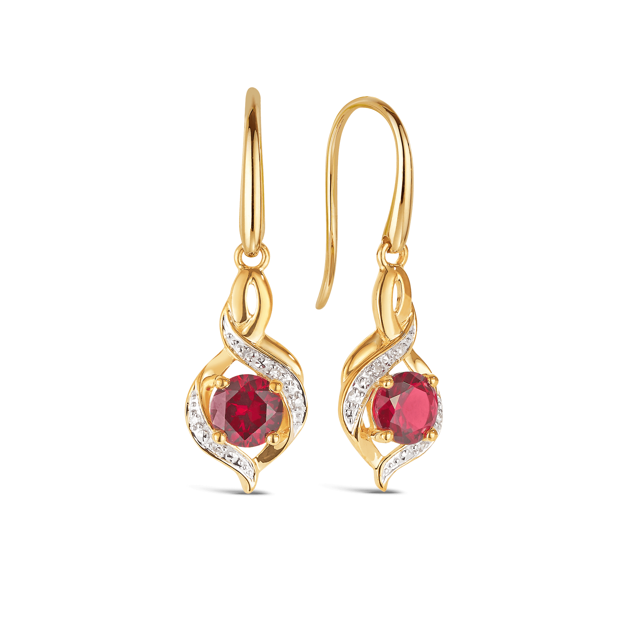 Created Ruby & Diamond Twist Drop Erarings in 9ct Yellow Gold