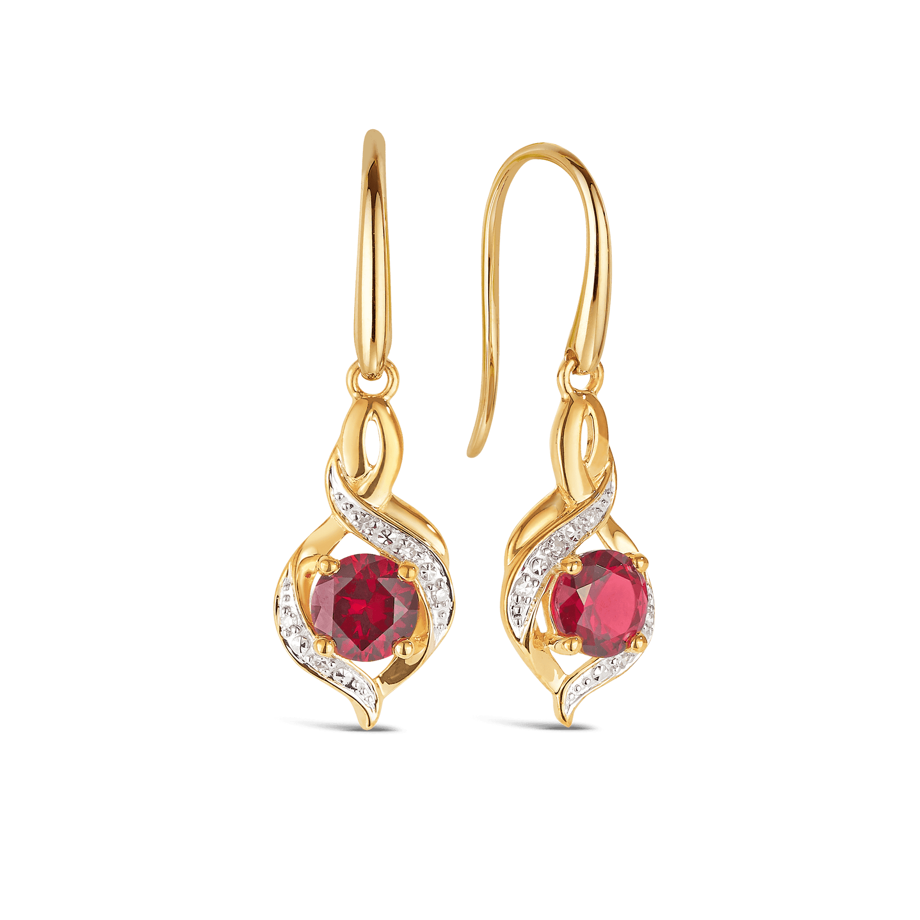 Created Ruby & Diamond Twist Drop Erarings in 9ct Yellow Gold - Wallace Bishop