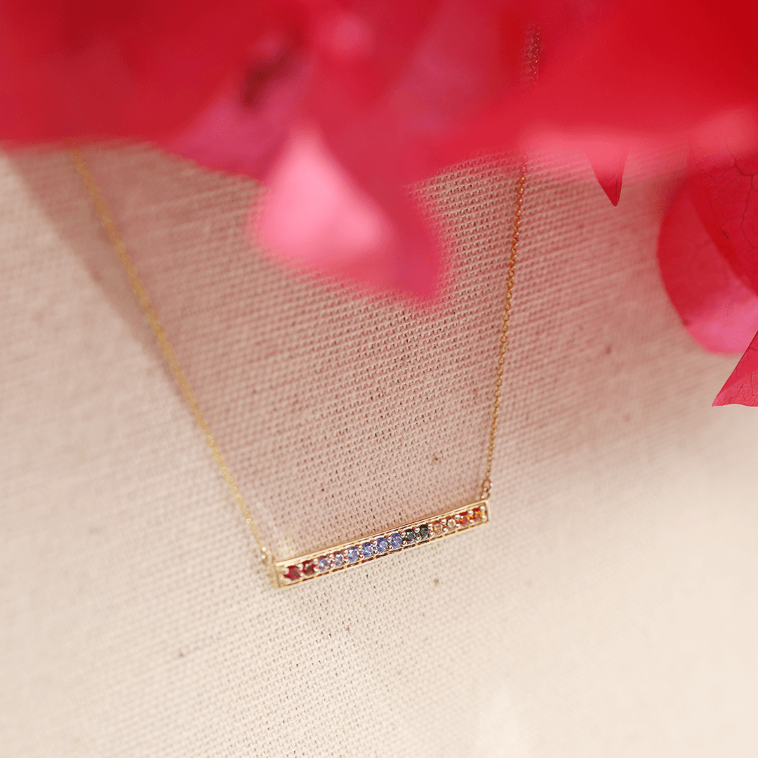 Created Ruby and Swarovski Zirconia Rainbow Necklace in 9ct Yellow Gold - Wallace Bishop