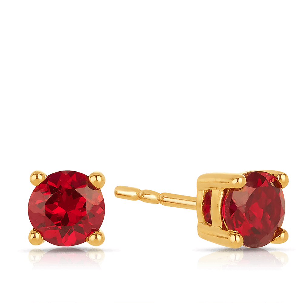 Created Ruby Round Stud Earrings in 9ct Yellow Gold