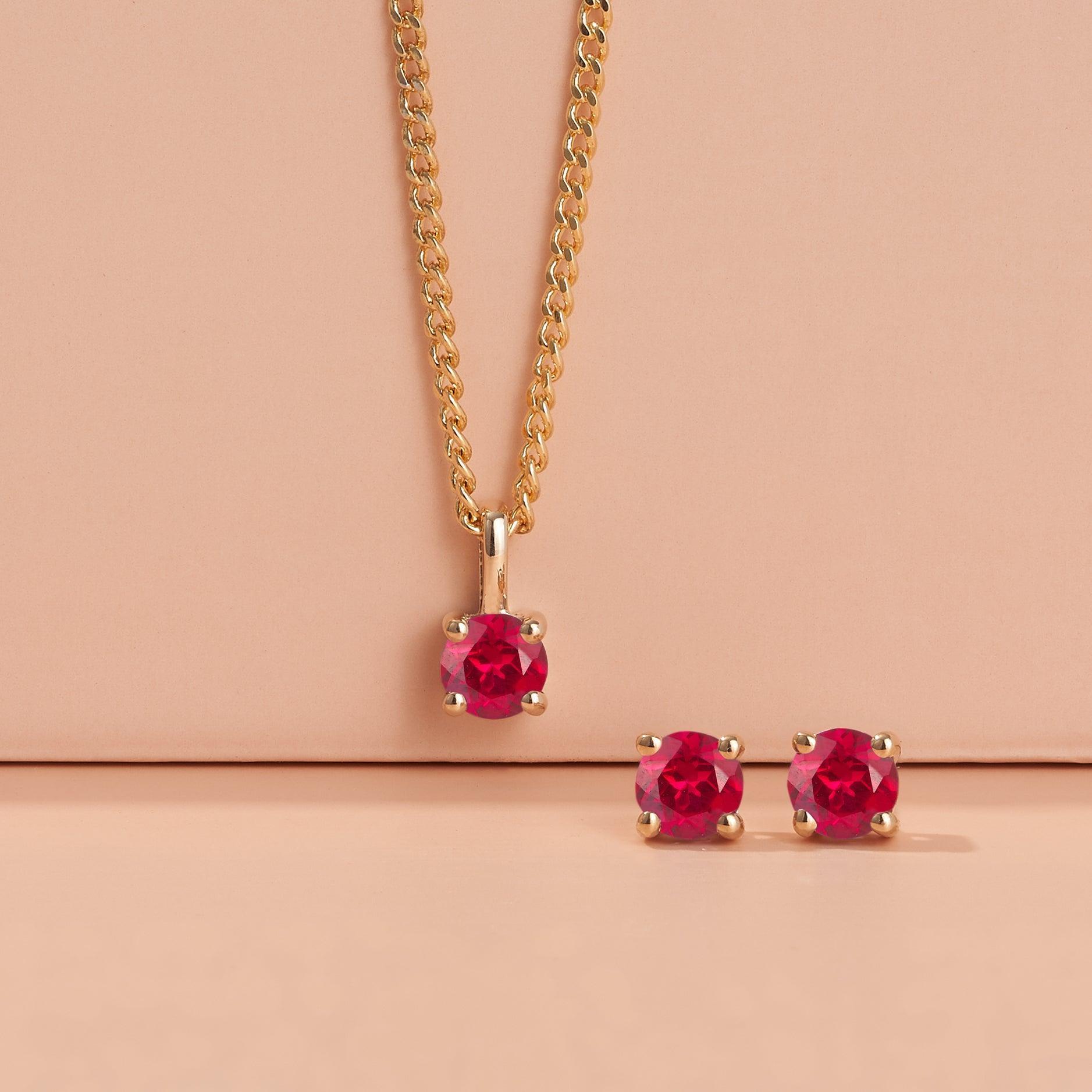 Created Ruby Round Stud Earrings in 9ct Yellow Gold
