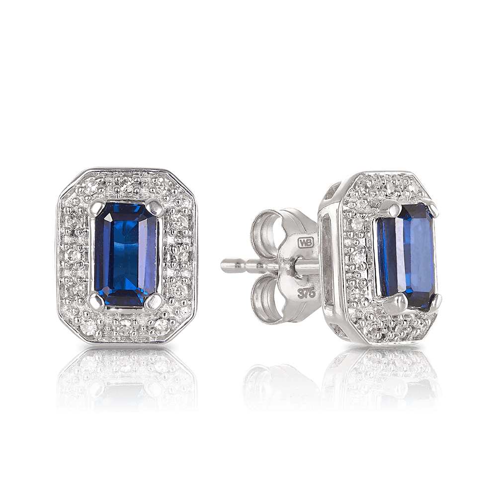 Created Sapphire & Diamond Halo Stud Earrings in 9ct White Gold - Wallace Bishop