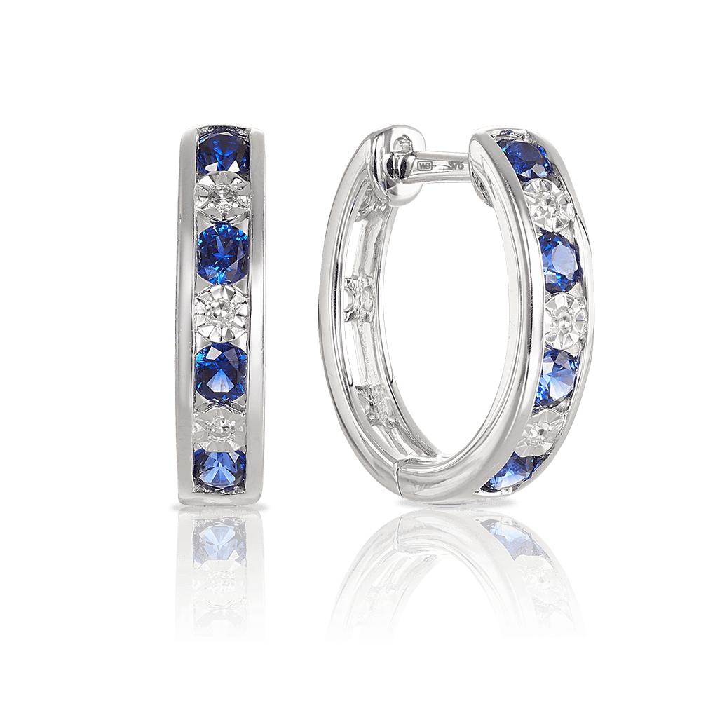 Created Sapphire & Diamond Hoop Earrings in 9ct White Gold