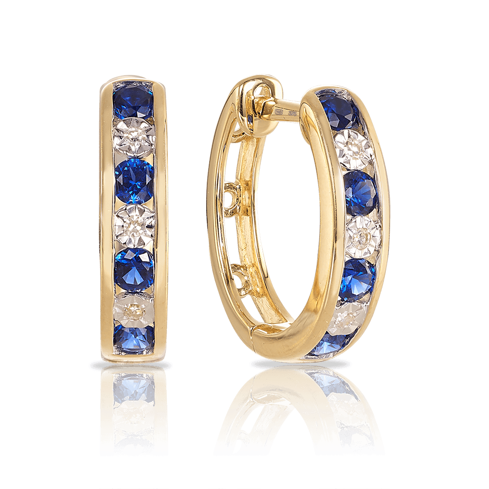 Created Sapphire & Diamond Hoop Earrings in 9ct Yellow Gold