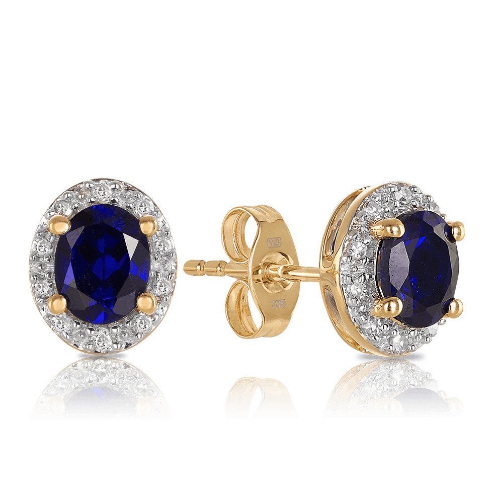Created Sapphire & Diamond Oval Halo Stud Earrings in 9ct Yellow Gold