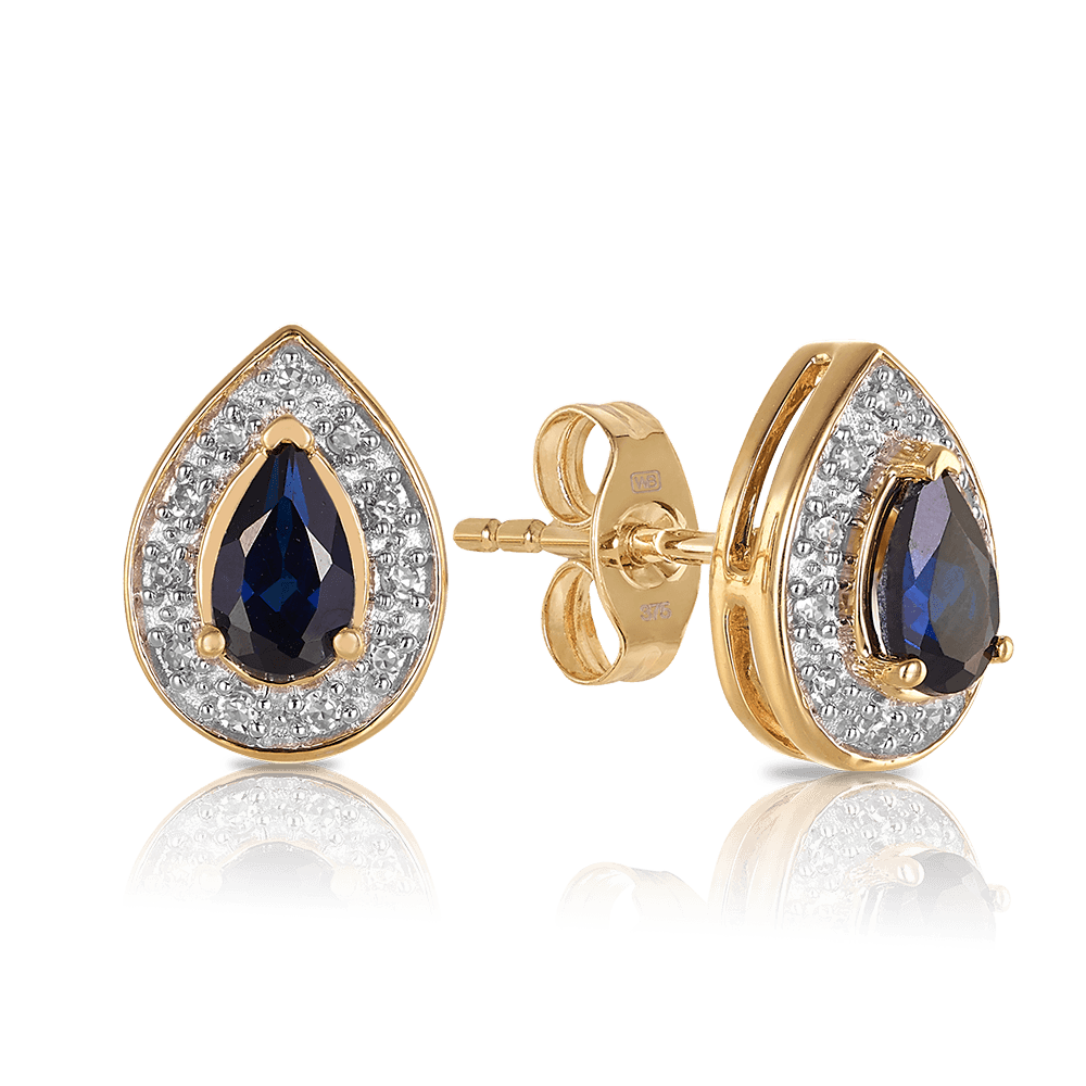 Created Sapphire & Diamond Pear Shape Halo Stud Earrings in 9ct Yellow Gold