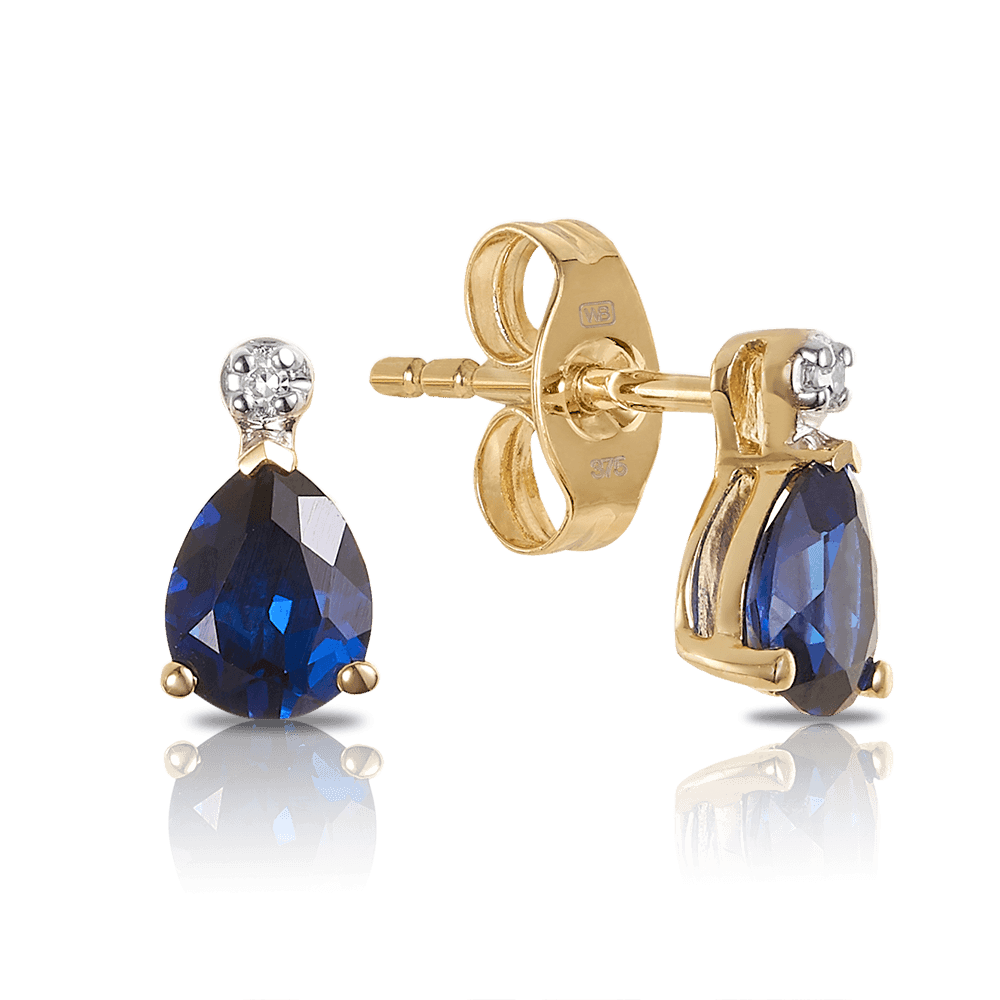 Created Sapphire & Diamond Pear Shape Stud Earrings in 9ct Yellow Gold